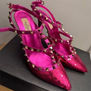 Valentino Pink Studded Heels with Metallic Finish